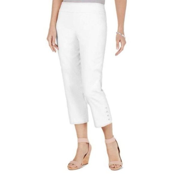 JM Collection Pants - JM Collection Button-Hem Tummy-Control Capris Bright White Size L